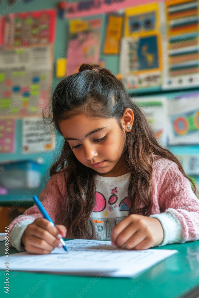 Hispanic girl solving math problems on a worksheet in a lively classroom with educational posters on the walls. Hispanic girl solving math problems on a worksheet in a lively classroom with educational posters on the walls.