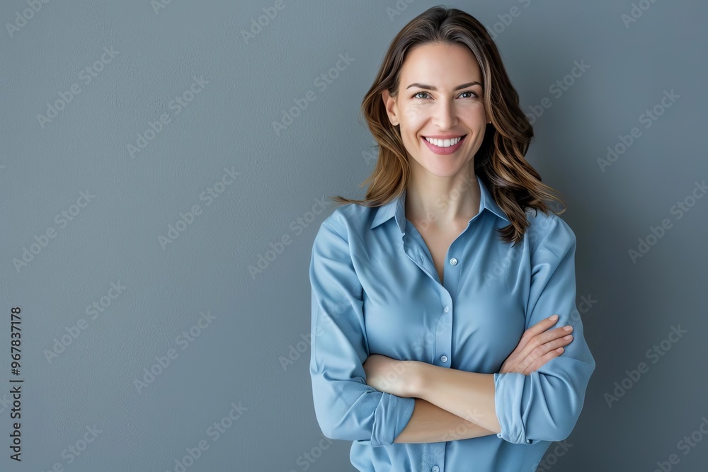 Smiling woman with arms crossed in front of a blue background Smiling woman with arms crossed in front of a blue background