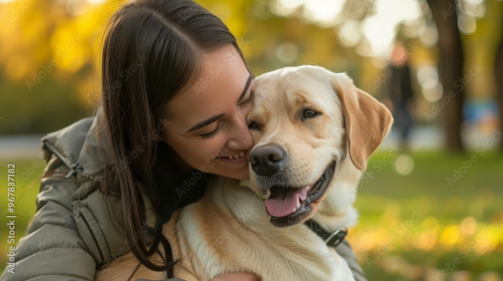 Woman smiling and hugging her labrador retriever in a park.