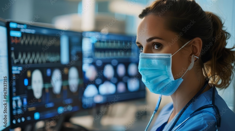 Female doctor wearing a mask looking at a computer screen with medical data. Female doctor wearing a mask looking at a computer screen with medical data.