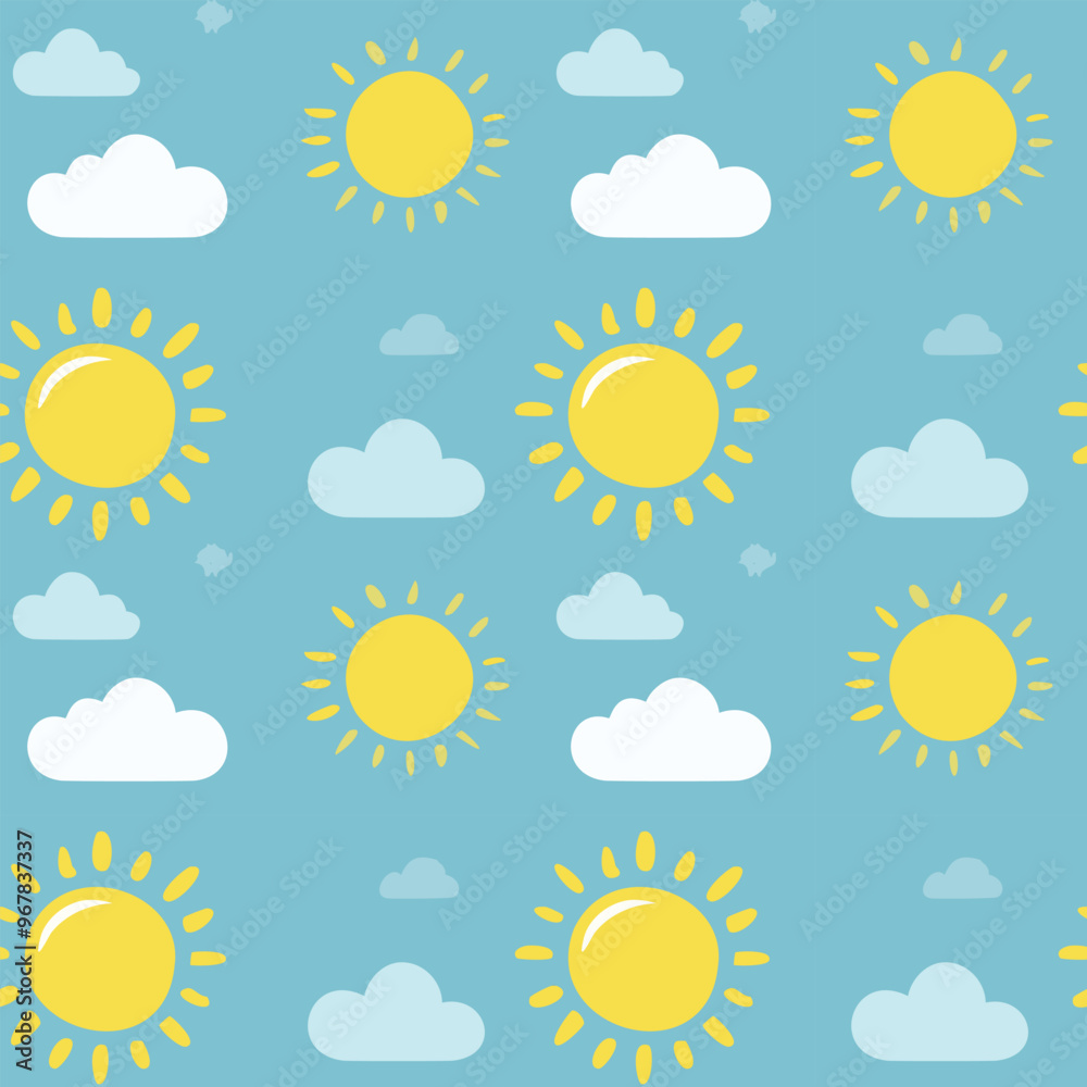 Seamless pattern with yellow sun and white cloud on blue background. Pattern for your design: wrapping paper, wallpaper, cover, postcard, gift paper, pattern fills, textile. Vector illustration. Seamless pattern with yellow sun and white cloud on blue background. Pattern for your design: wrapping paper, wallpaper, cover, postcard, gift paper, pattern fills, textile. Vector illustration.