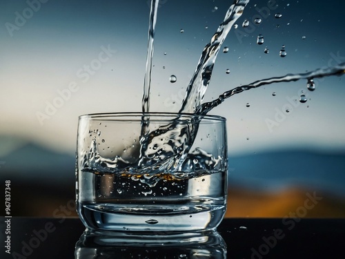 A splash of water being poured into a clear glass.