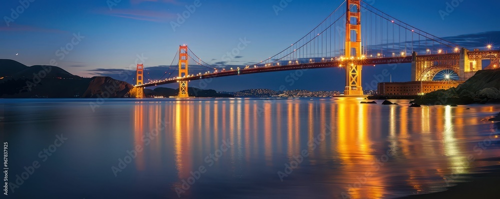 Fototapeta premium A suspension bridge illuminated at night, reflecting in the water.