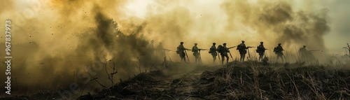 Historical reenactment of a WWI battlefield with mustard gas clouds and soldiers in trenches photo