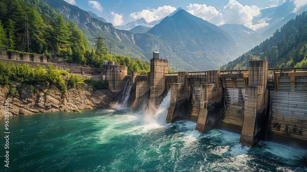 Hydroelectric power station in a mountainous region, with water flowing through turbines Hydroelectric power station in a mountainous region, with water flowing through turbines