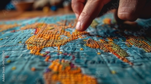 Illustrate a world map being gently stitched together, representing healing and unity on Humanitarian Day