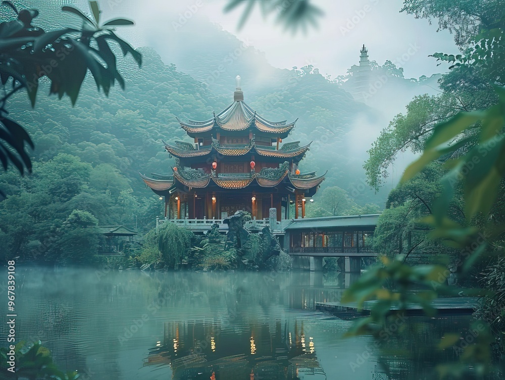 Obraz premium Ancient Chinese Mythology-Inspired Architecture with Traditional Temples and Spiritual carvings