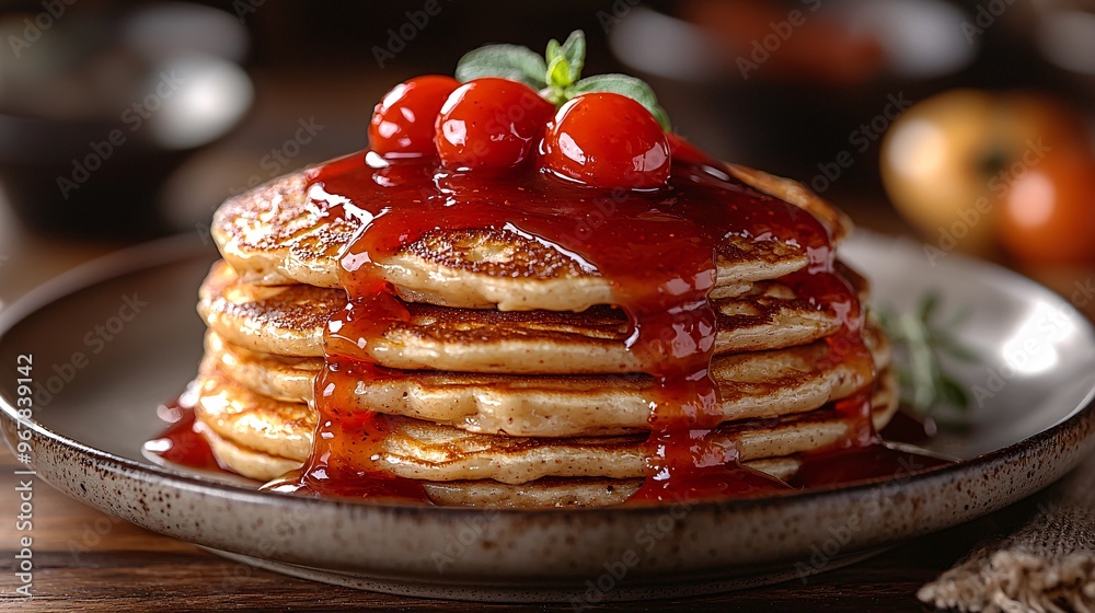 Ketchup bottle pouring over a stack of pancakes in a surprising twist on traditional toppings. Ketchup bottle pouring over a stack of pancakes in a surprising twist on traditional toppings.