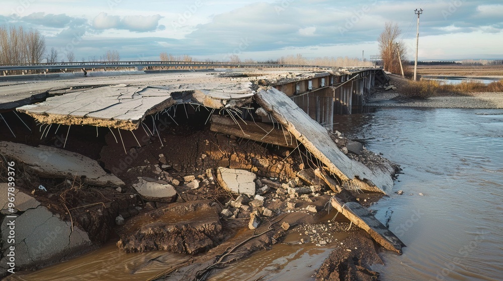 Infrastructure collapse, showing a broken bridge over a river ...