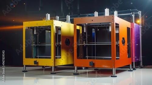 Three colorful 3D printers in a row. photo