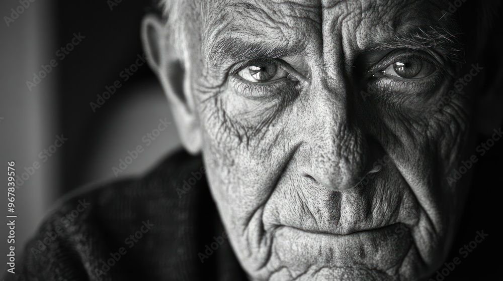 A close-up black and white portrait of an elderly man, showcasing deep wrinkles and expressive eyes. A close-up black and white portrait of an elderly man, showcasing deep wrinkles and expressive eyes.
