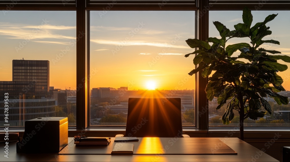 Fototapeta premium Sunrise Office Desk View Cityscape Golden Hour