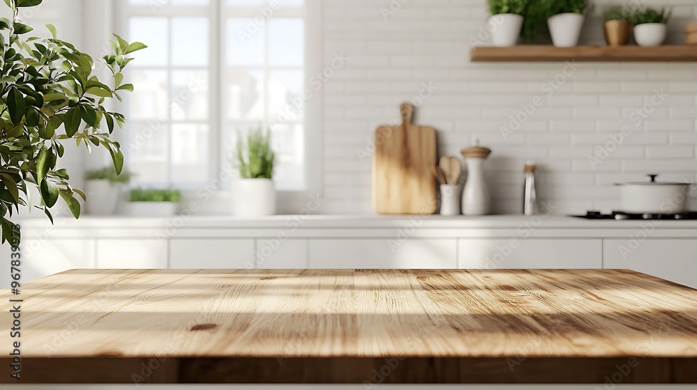 Fototapeta premium Kitchen Countertop with Plant and Blurred Background