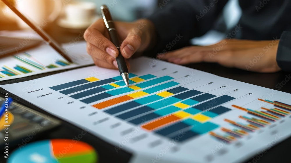 Close-up of a hand analyzing data on a chart. Close-up of a hand analyzing data on a chart.