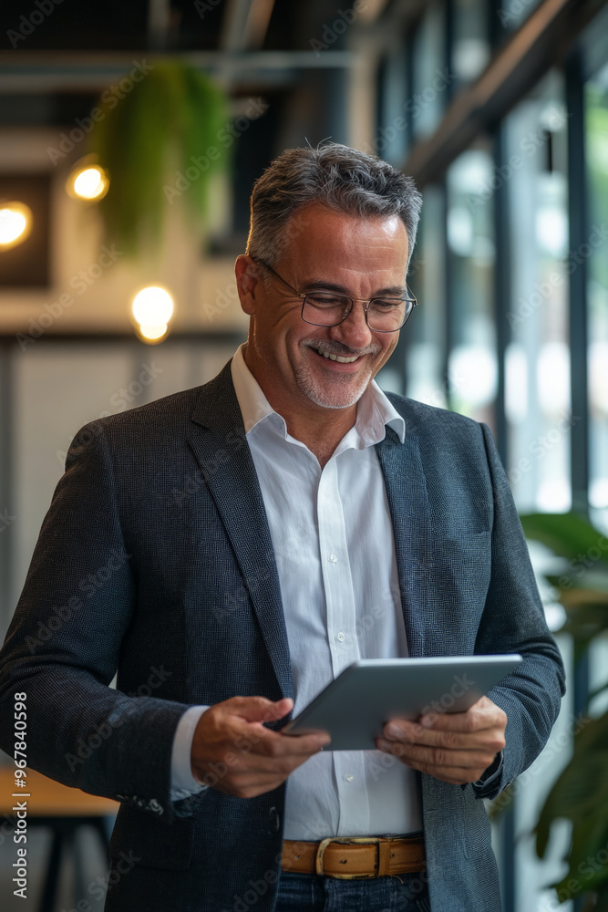 Middle-aged Brazilian businessman smiling while using a tablet in a vibrant, contemporary office with unique design elements. Middle-aged Brazilian businessman smiling while using a tablet in a vibrant, contemporary office with unique design elements.