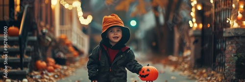 Kids trick-or-treating at decorated houses, their costumes vibrant and varied, capturing the excitement of Halloween night photo