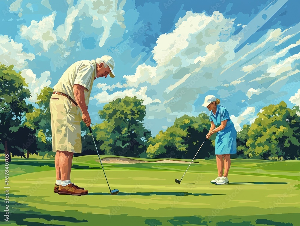 Obraz premium Senior couple putting on golf course on sunny day