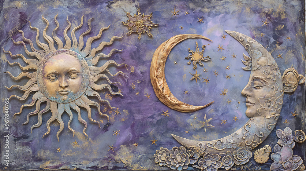 A sun and moon, each with its own unique face and expression, set against an intricate background of lace patterns and delicate script in shades of blue, purple and gold.