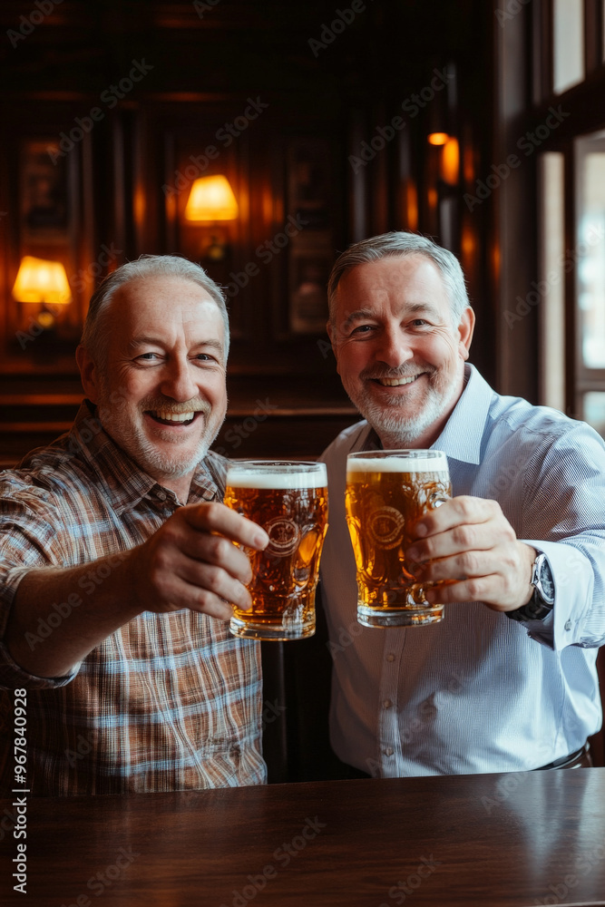 Middle-aged Caucasian man and his friend happily toasting with beer pints in a classic pub with rich wood paneling. Middle-aged Caucasian man and his friend happily toasting with beer pints in a classic pub with rich wood paneling.