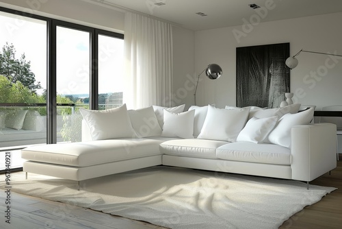 White sectional sofa with chaise lounge in modern living room with plants and rug.