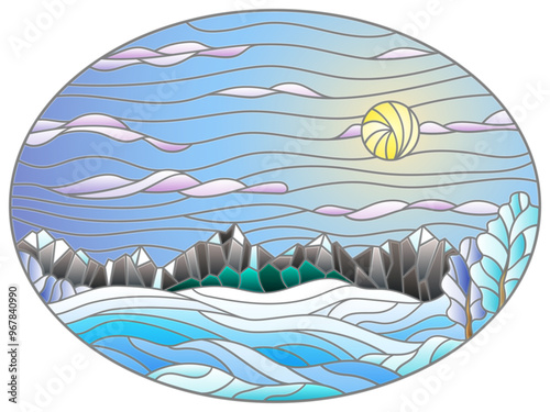 Illustration in stained glass style with winter landscape,  tree on mountain landscape and Sunny sky and snow background, oval image