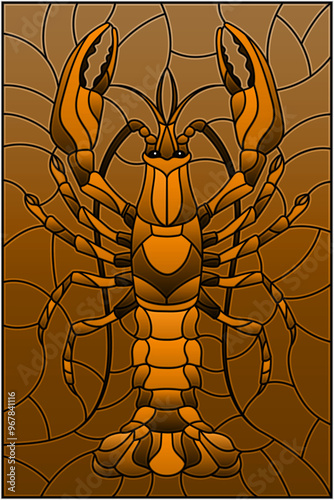 Illustration in stained glass stile with abstract green crayfish, tone brown