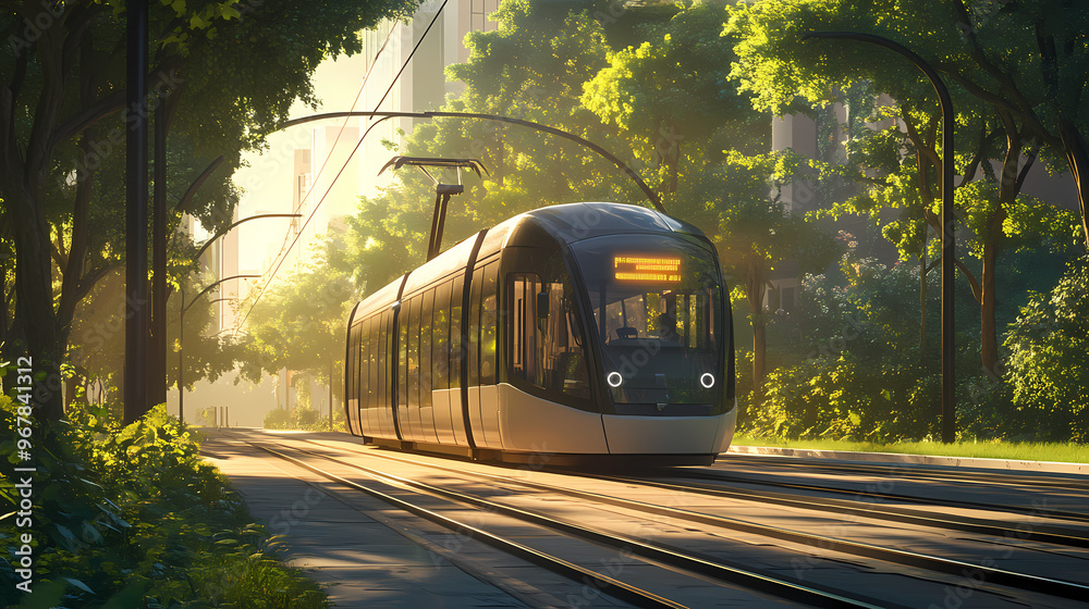 Naklejka premium Eco-friendly futuristic sleek tram gliding on city tracks under the morning light, flanked by green trees. Futuristic Vehicle. Illustration