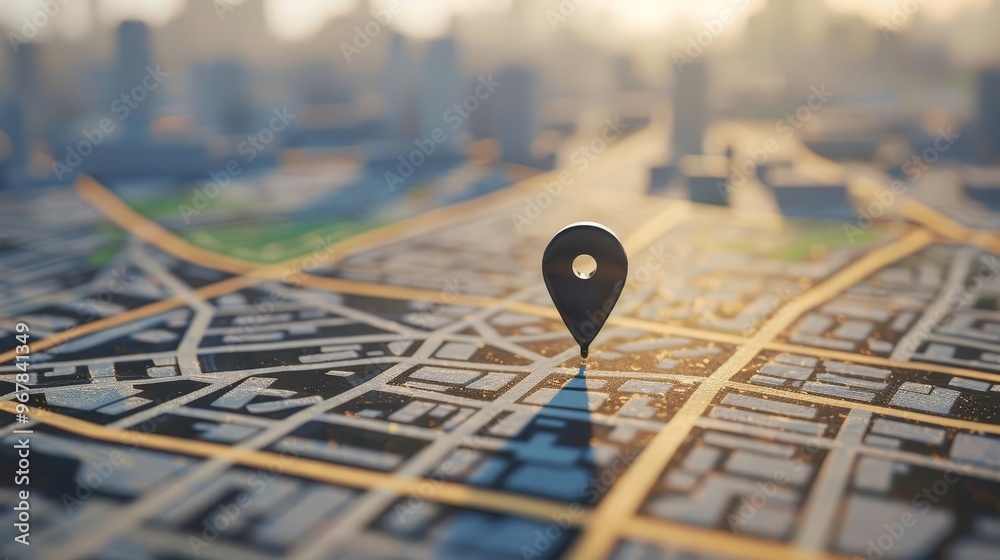 A map pin on a city skyline at sunset, representing location, navigation, and exploration. A map pin on a city skyline at sunset, representing location, navigation, and exploration.