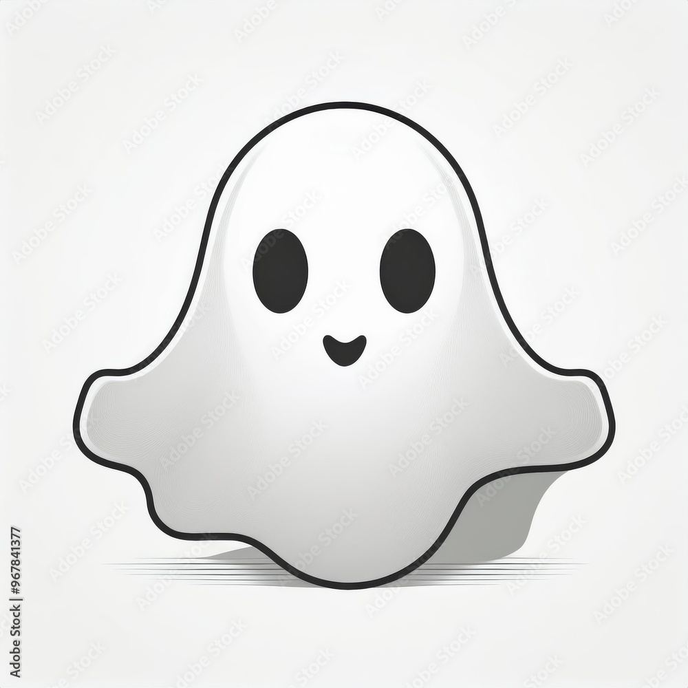 Minimalist Cartoon Ghost Illustration with Floating Sheet, Large Black Eyes, and Shaded Monochromatic Design on a White Background, Halloween Spooky Themed Digital Projects Vector Logo