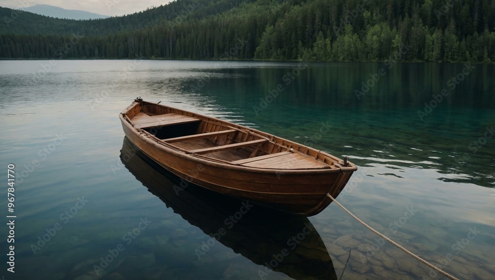 A wooden boat drifts on a lake surrounded by a serene, forested landscape. A wooden boat drifts on a lake surrounded by a serene, forested landscape.