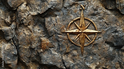 A beautifully carved compass emblem set against a rugged, textured rock surface, symbolizing adventure and navigation.