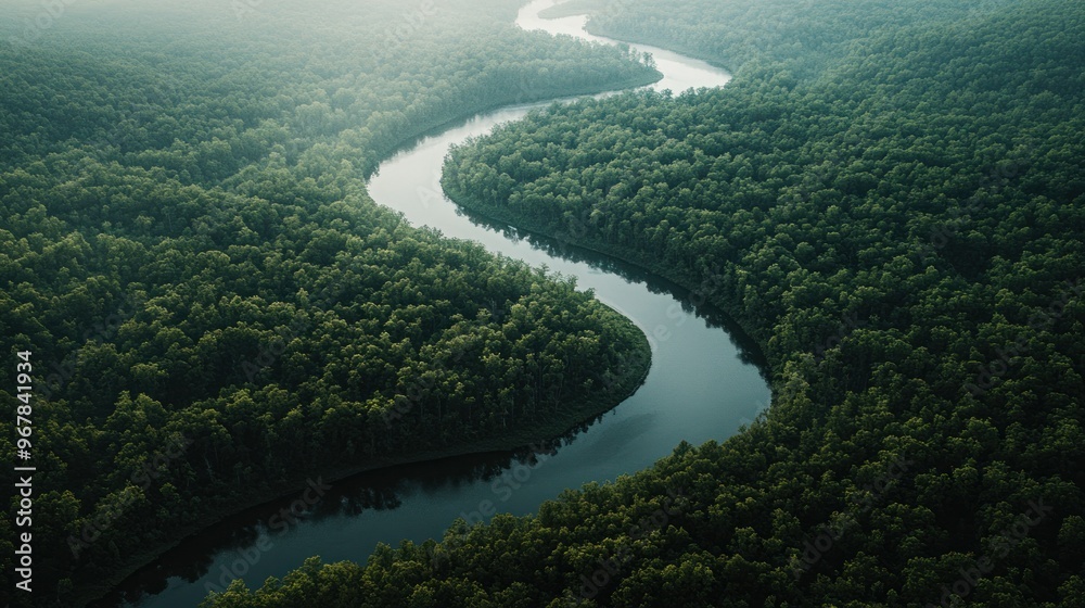 Aerial view of a winding river through a dense forest, showcasing natural beauty. Aerial view of a winding river through a dense forest, showcasing natural beauty.