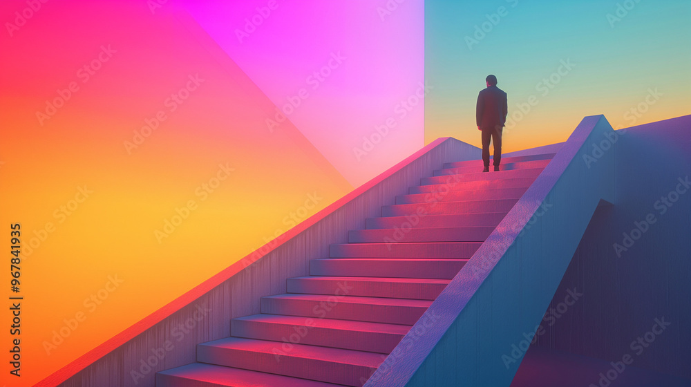 Man walking up stairs, double exposure with colorful gradient background, surreal minimalism Man walking up stairs, double exposure with colorful gradient background, surreal minimalism