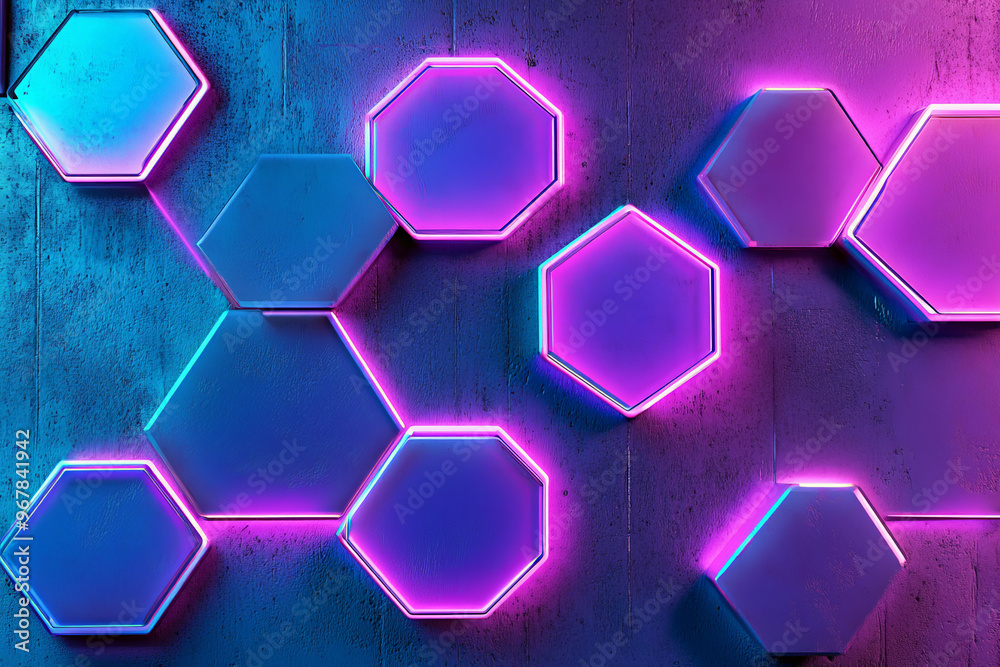 Fototapeta premium Neon hexagons in a subtle, frosted effect, glowing in bright cyan and purple over a textured concrete background. The cool tones add a modern, industrial touch.