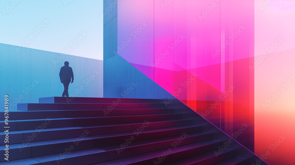 Man walking up stairs, double exposure with colorful gradient background, surreal minimalism Man walking up stairs, double exposure with colorful gradient background, surreal minimalism