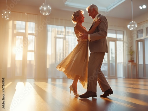 Happy senior couple dancing together in their living room