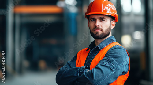 A serious male construction worker in an orange vest and hard hat, standing with arms crossed at a construction site, showing professionalism and safety.