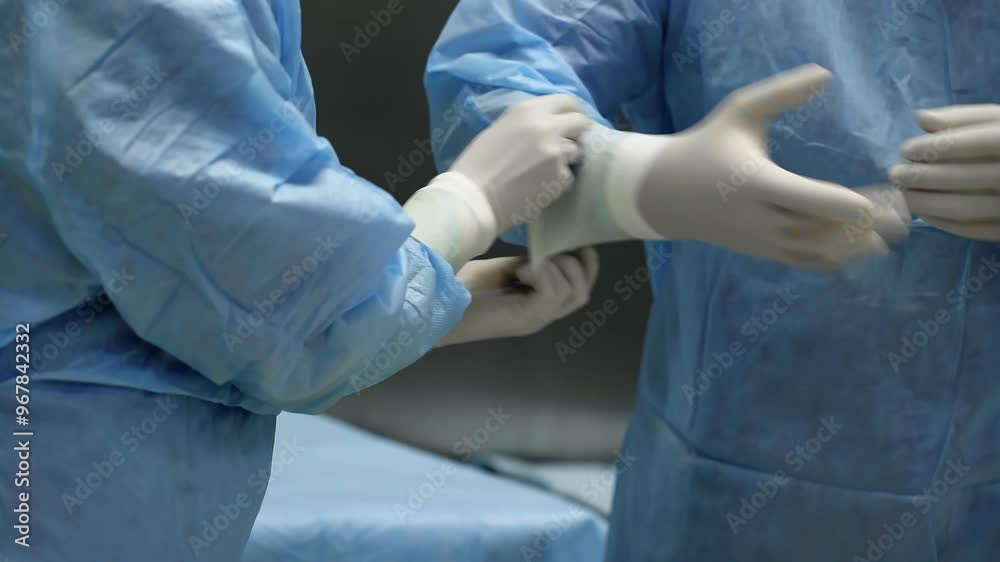 The nurse puts gloves on the doctor The nurse puts gloves on the doctor