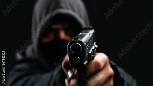 Man holding a gun in a dramatic stance Represents a robbery or confrontation with copy space photo