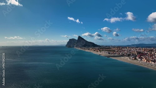 Aerial view of the rock of Gibraltar with a beautiful ocean and clouds, Gibraltar.