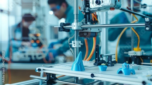 Close-up of a 3D printer in operation, with a blue plastic object being printed.