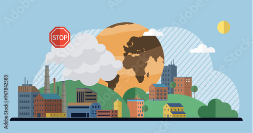 Air pollution vector illustration. Smog, villain in our ecological tale, blankets landscape in shroud danger Industrys belching chimneys exhale poisonous breath air pollution The air pollution concept