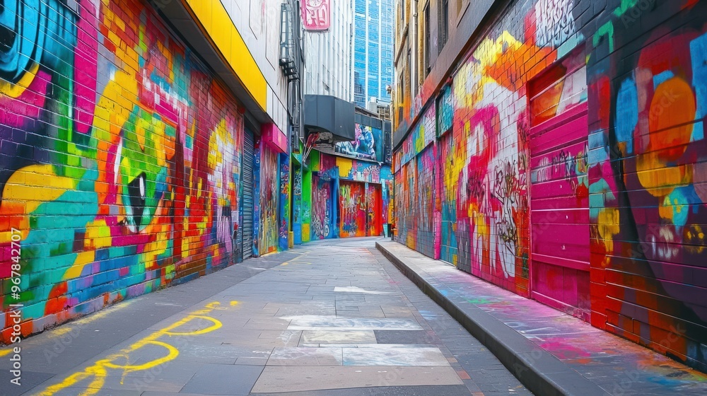 Fototapeta premium A vibrant alleyway adorned with colorful street art and murals, showcasing urban creativity.