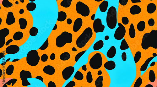 Estampa de leopardo/onça sem costura com manchas pretas em fundo laranja neon e azul. Ilustração vetorial estampa animal, padrão de superfície. Padrão têxtil estilo moda punk rock anos oitenta/80.