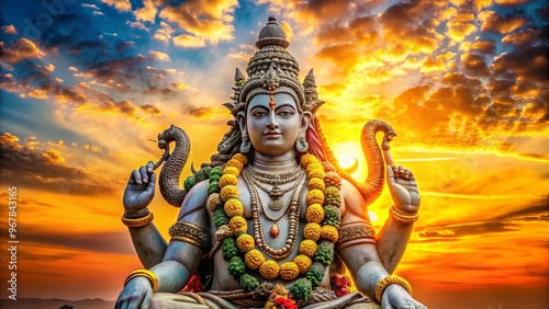 Majestic stone statue of powerful Hindu deity with serene expression, adorned with garland and snake, set against a photo
