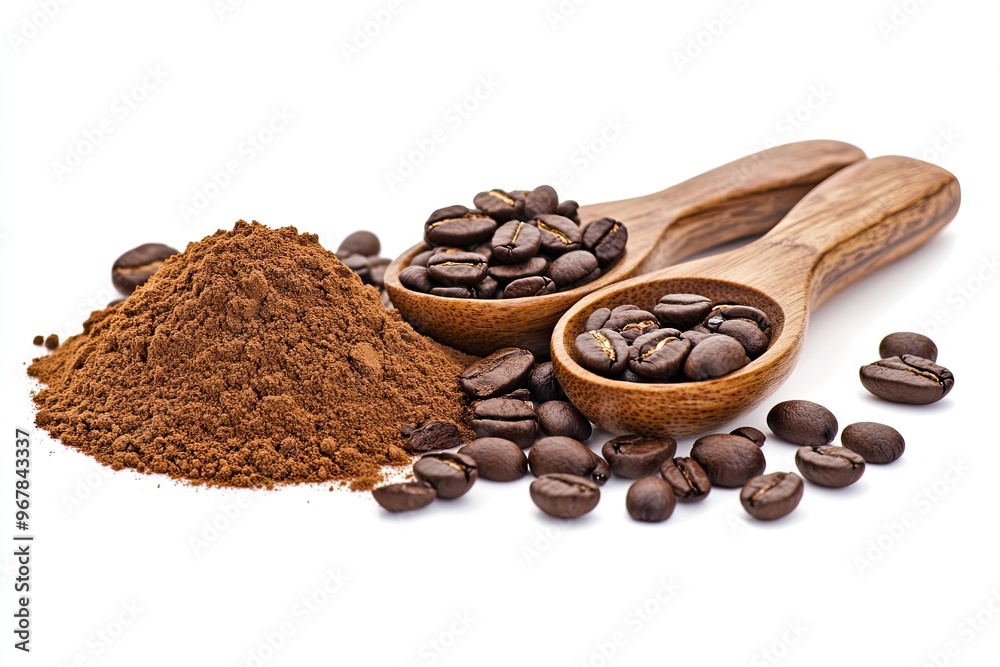 Pile of powdered, instant coffee and beans in wooden spoon isolated on white Pile of powdered, instant coffee and beans in wooden spoon isolated on white