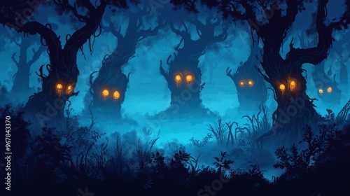 Creepy Forest with Glowing Jack-o'-Lantern Faces on Trees