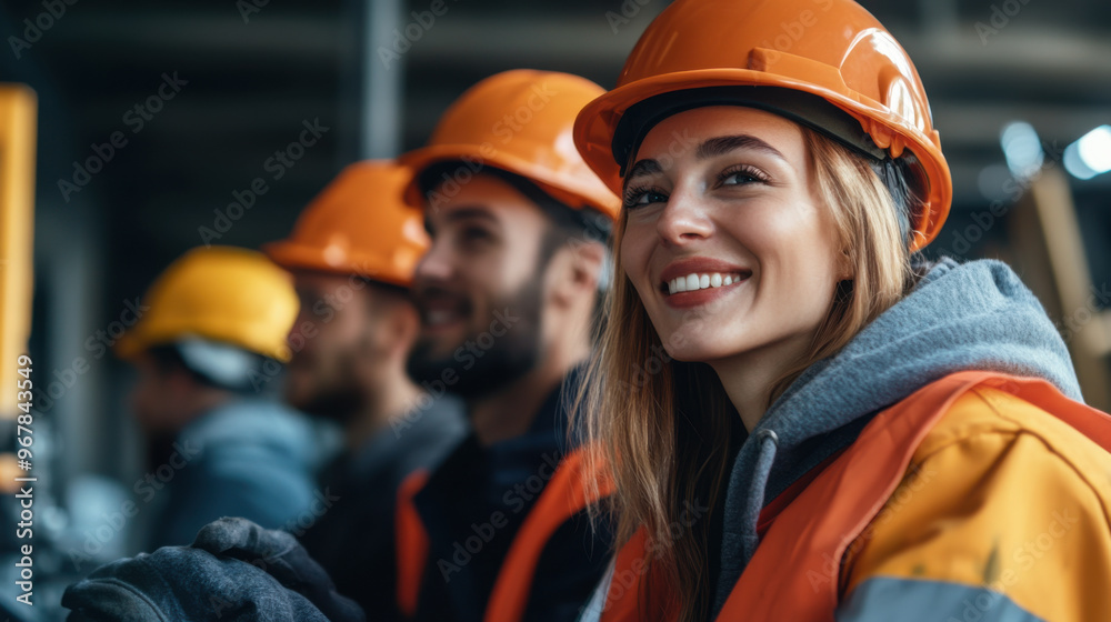 A group of smiling construction workers wearing safety helmets and vests on a worksite, displaying teamwork and professionalism.