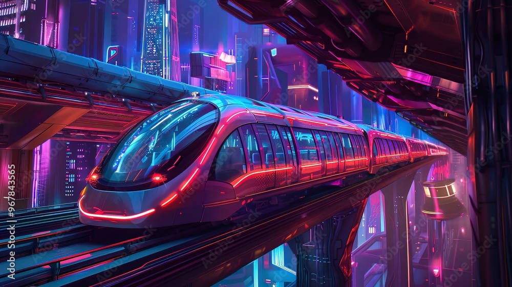 Monorail with glowing neon tubes, weaving through the cityscape like a beam of light Monorail with glowing neon tubes, weaving through the cityscape like a beam of light