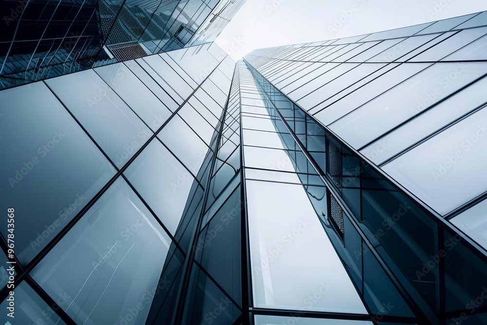 Obraz premium Low angle view of modern glass skyscrapers reaching towards the sky.